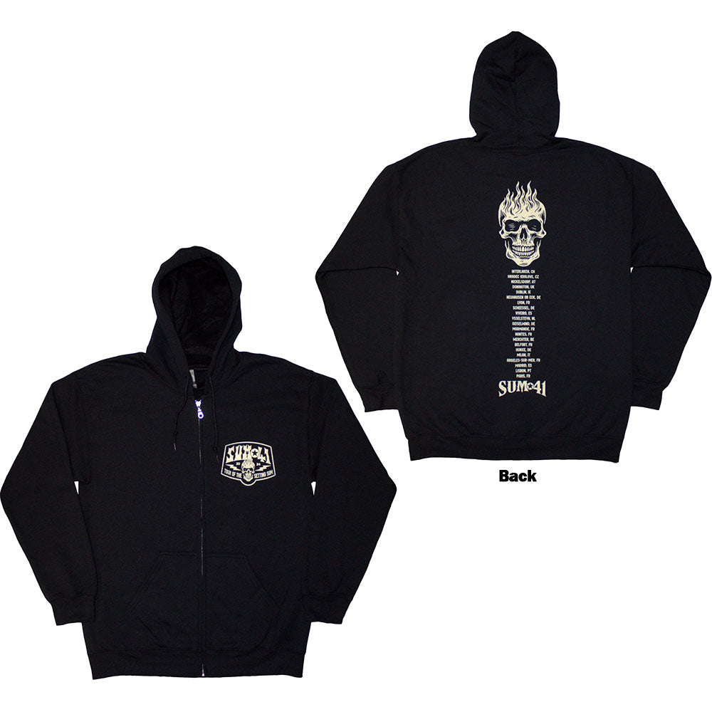 Black zipped hoodie with Sum 41 tour logo, skull back print, and pockets.