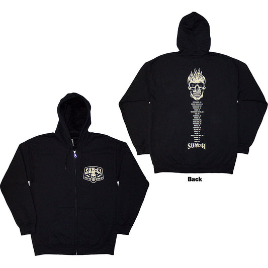 Black zipped hoodie with Sum 41 tour logo, skull back print, and pockets.