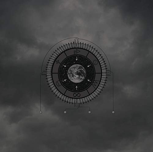 Dark album cover featuring a celestial globe within a circular, mechanical design.