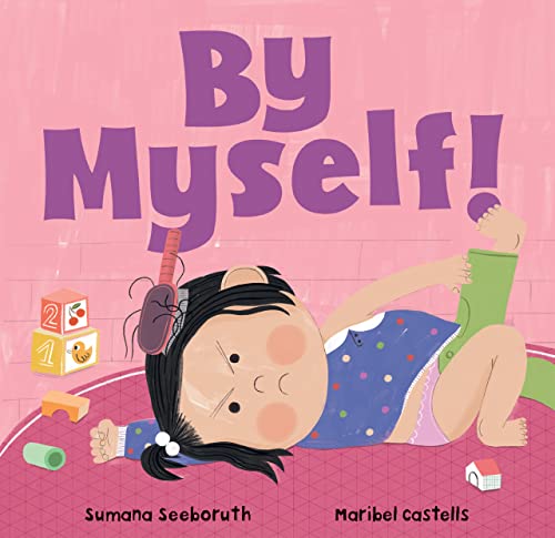 Child struggles to pull up pants, surrounded by toys, on pink background.