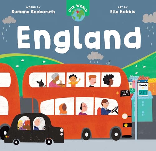 Children’s book cover depicting a red double-decker bus in England.