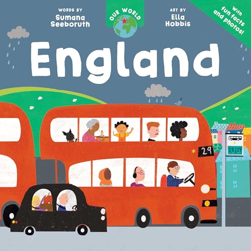 Children’s book cover depicting a red double-decker bus in England.