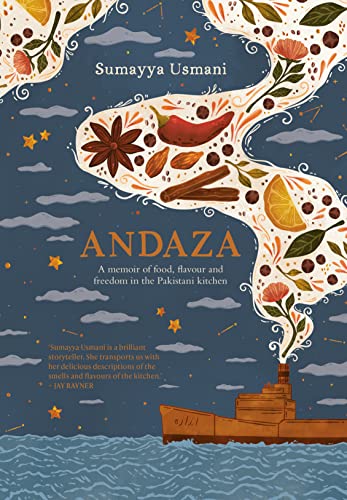 Book cover: “Andaza” memoir with spices, flowers, and a small boat.