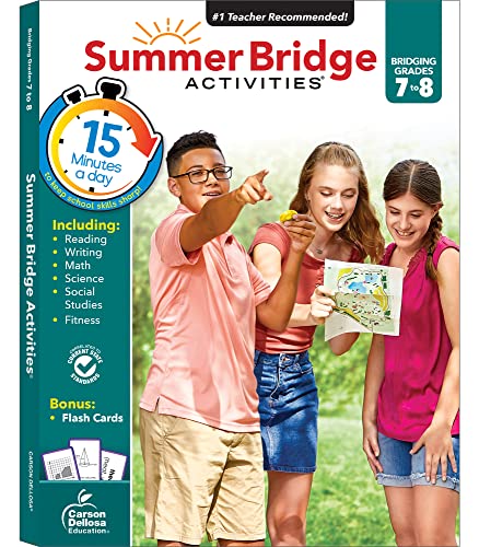 Cover of Summer Bridge Activities workbook for grades 7 to 8 featuring three students.
