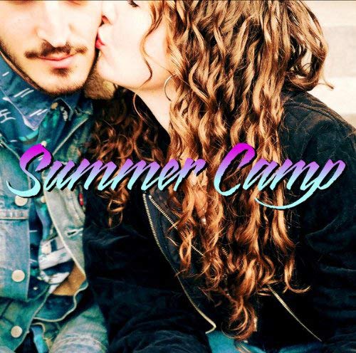 Couple embracing, album cover for “Summer Camp” with colorful text.