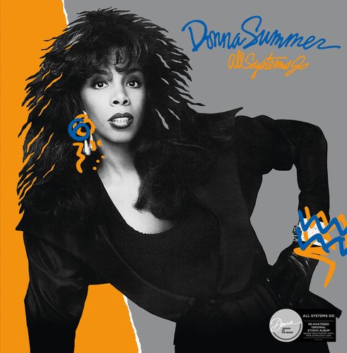 "Album cover featuring a black and white photo of Donna Summer with blue and orange accents."