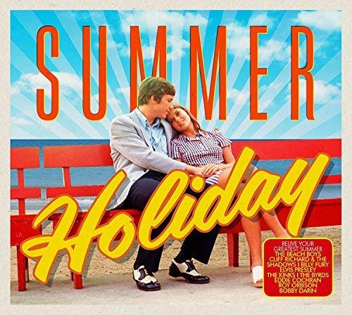 Couple sitting on a red bench by the beach, with "Summer Holiday" text overlay.