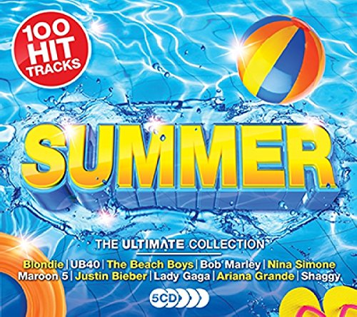 "CD cover with 'SUMMER' in yellow, beach ball, and blue water background."