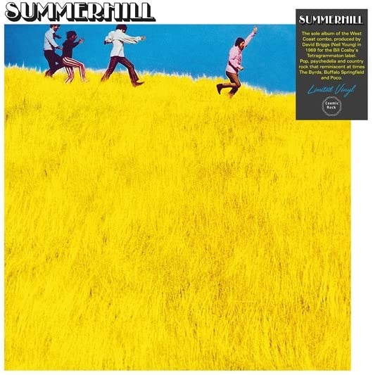 Yellow vinyl record cover with four figures running across a grassy hill.