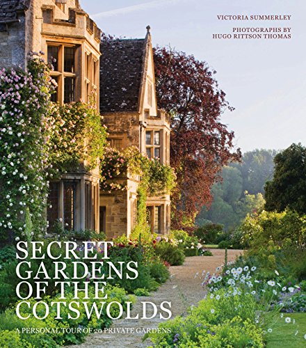 "Book cover featuring a stone house surrounded by lush greenery and vibrant flowers."