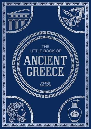 Blue book cover with silver Greek-style borders, illustrations, and the title Ancient Greece.