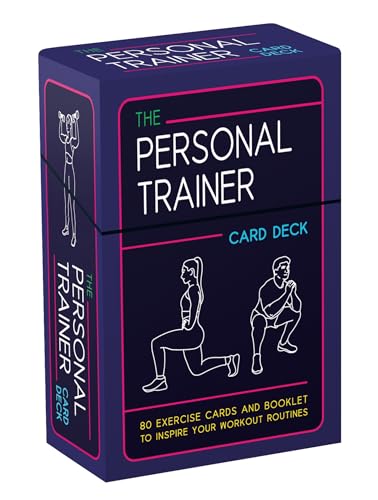 A dark blue box for The Personal Trainer Card Deck with white exercise illustrations.