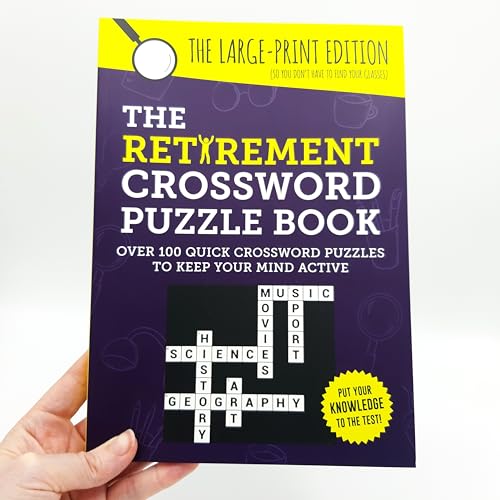 Book cover: "The Retirement Crossword Puzzle Book" with sample puzzle.