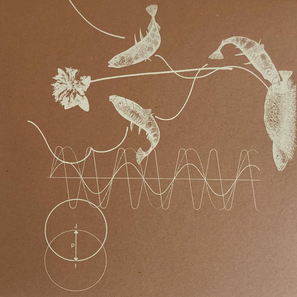 Brown vinyl record cover with white line art of fish, flowers, and waves.