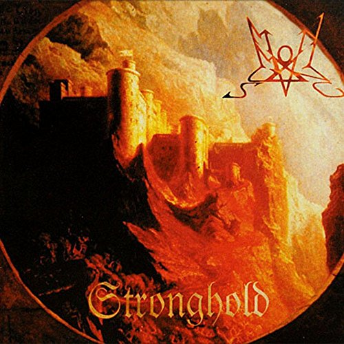 Circular album cover showing a stone castle on a cliff with orange fire tones.