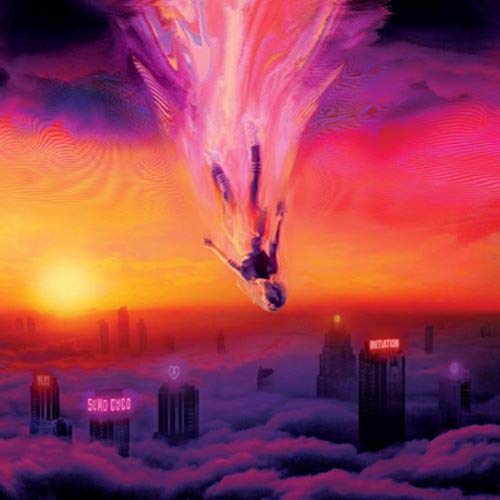"Album cover art: person falling through clouds with cityscape below, vibrant orange and purple hues."