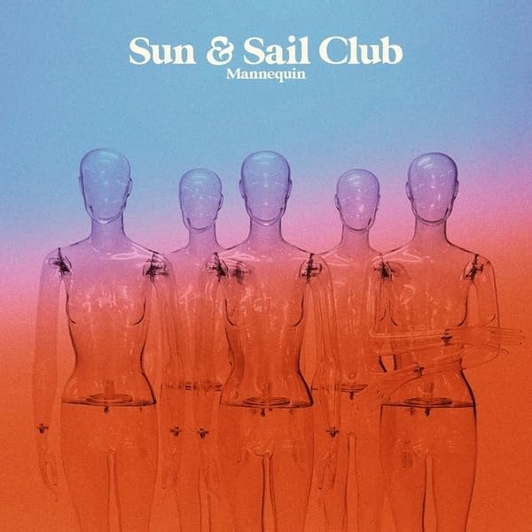 Row of translucent mannequins against a red and blue gradient background.
