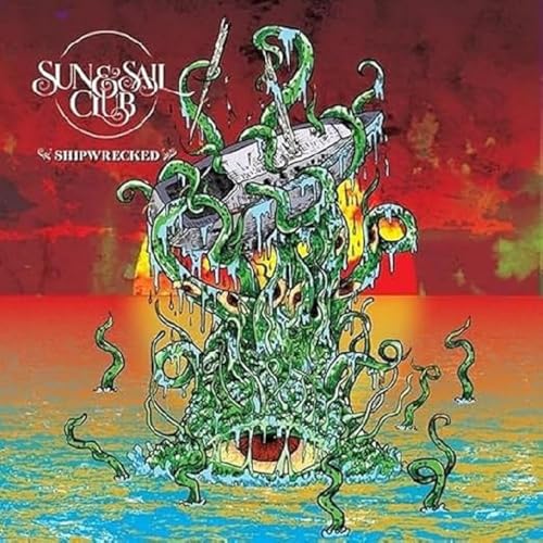Album cover: shipwreck overgrown with green plants, red and blue background.