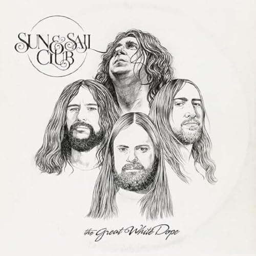 Black and white sketch of four long-haired men, album cover art.