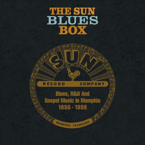CD cover for “The Sun Blues Box” featuring a rooster and musical notes.