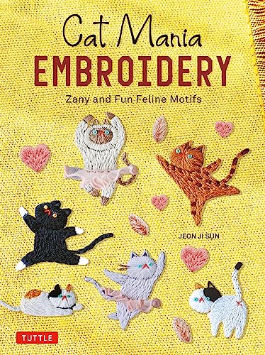 Book cover featuring colorful, embroidered cats in playful poses.