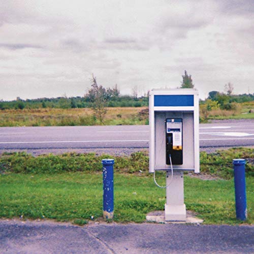 Payphone on grassy verge beside a road under cloudy sky.