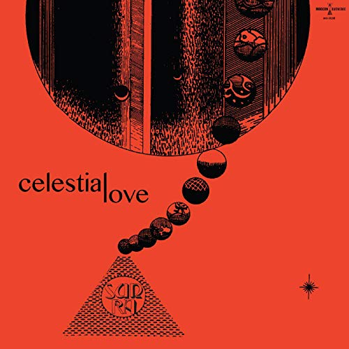 Sun Ra's "Celestial Love" LP cover: planets descending on red background.