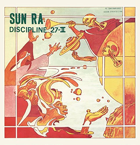 Surreal illustration of figures, planets, and a trumpet in warm, stained-glass style colors.