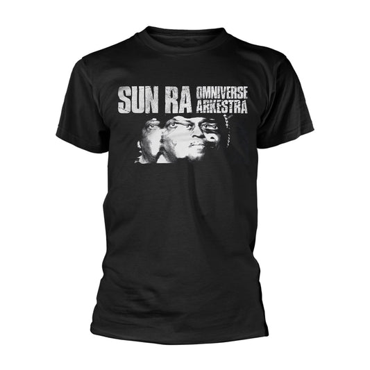 Black t-shirt with Sun Ra Omniverse Arkestra graphic and model wearing it.