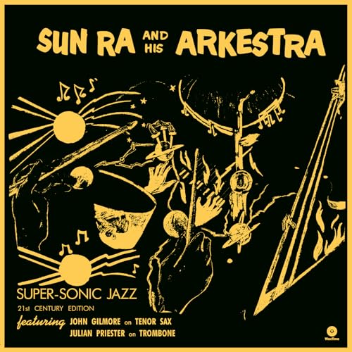Vinyl album cover with yellow line art of musical instruments and planets on black.