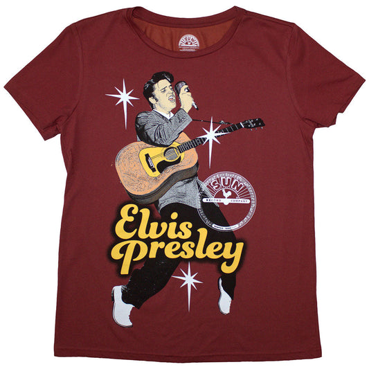 Ladies' black t-shirt with a white graphic of Elvis Presley at a microphone.