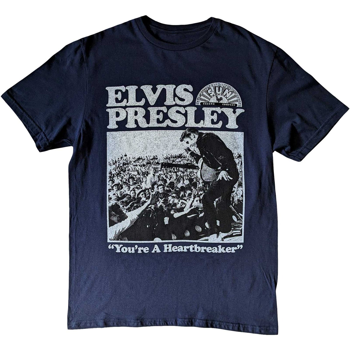 Black t-shirt with red heart and Elvis Presley’s name, Sun Records logo.