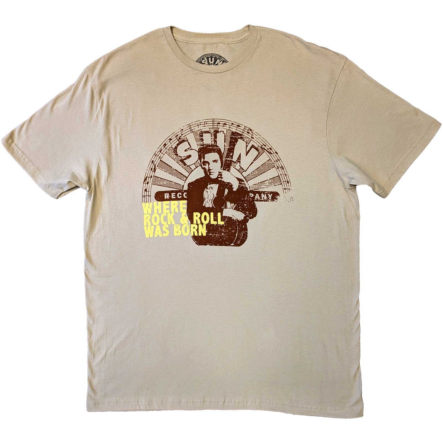 Unisex black t-shirt featuring a Sun Records logo and Elvis Presley graphic.