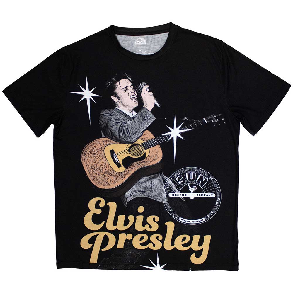 Black t-shirt with sublimation print of Elvis Presley at a microphone.