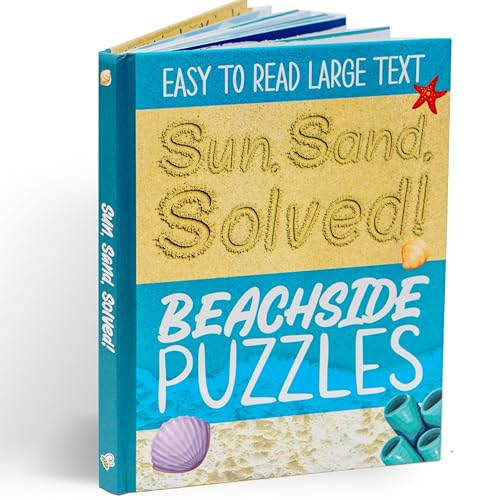 Puzzle book cover with beach theme, large text, and seaside illustrations.