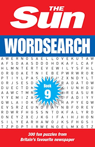 Red cover book with "The Sun Wordsearch Book 9" and sample puzzle grid.