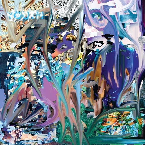 Abstract collage with swirling brushstrokes in blue, purple, and green over fragmented imagery.