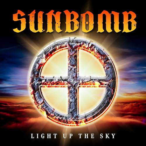 Sunbomb album cover: fiery circular symbol against a sunset sky.