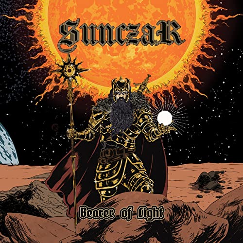 Album cover: armored figure with staff, sun background, and title text.