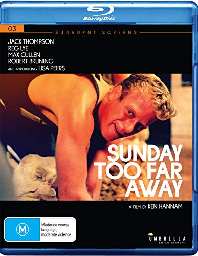 Blu-ray cover for "Sunday Too Far Away" featuring a sunburnt man’s portrait.