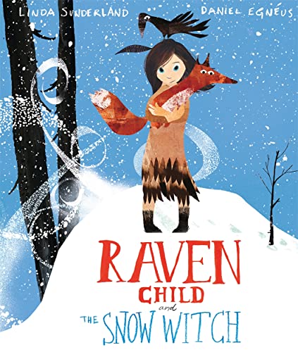 Girl with a fox and raven in a snowy, illustrated landscape.