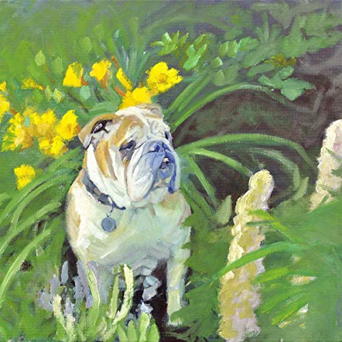 Painted portrait of a bulldog sitting amongst vibrant yellow and green foliage.