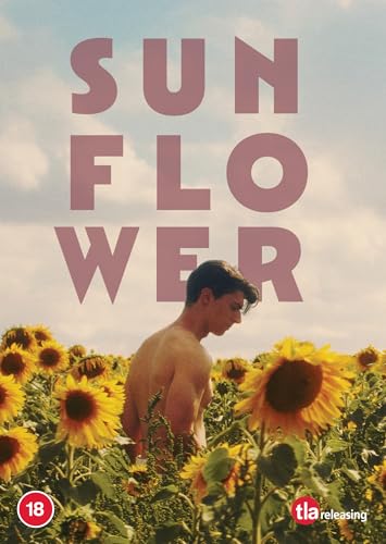 Man in a field of sunflowers with large text reading Sunflower.