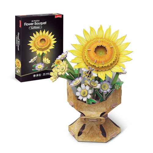 3D puzzle of a yellow sunflower bouquet in a vase, with box.