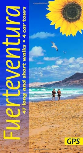 Fuerteventura walking guide cover with sunflower, beach, and distant mountains.