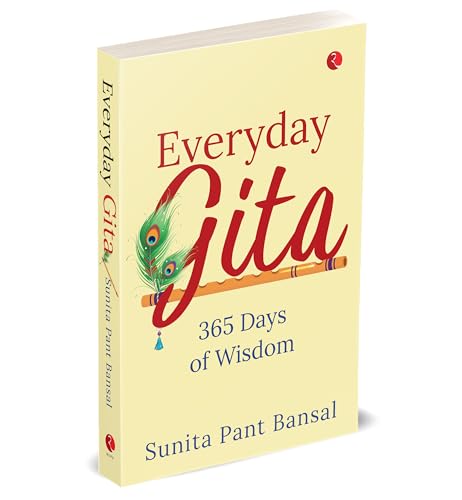 Book cover: "Everyday Gita" with peacock feather and text, cream background.