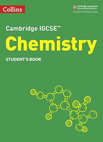 Green Cambridge IGCSE Chemistry student book cover with a yellow molecular structure illustration.