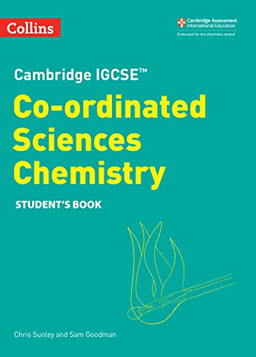 Teal textbook cover titled Cambridge IGCSE Co-ordinated Sciences Chemistry with a line-art flame illustration.