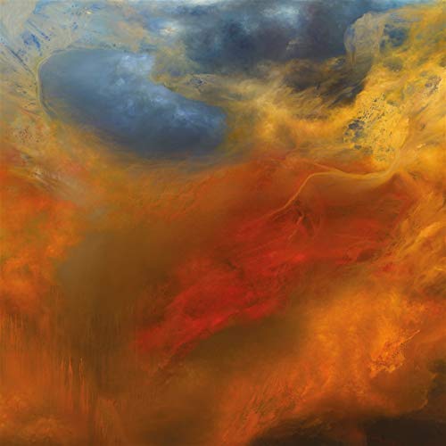Abstract album cover with swirling orange, gold, and blue tones.