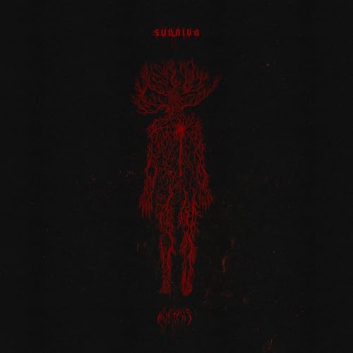 Red, skeletal figure with tree-like branches against a black background.